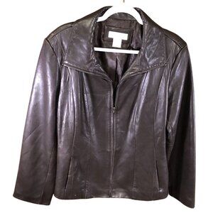 Jones New York Womens Sport Moto Leather Jacket Size XL Brown Full Zip Biker